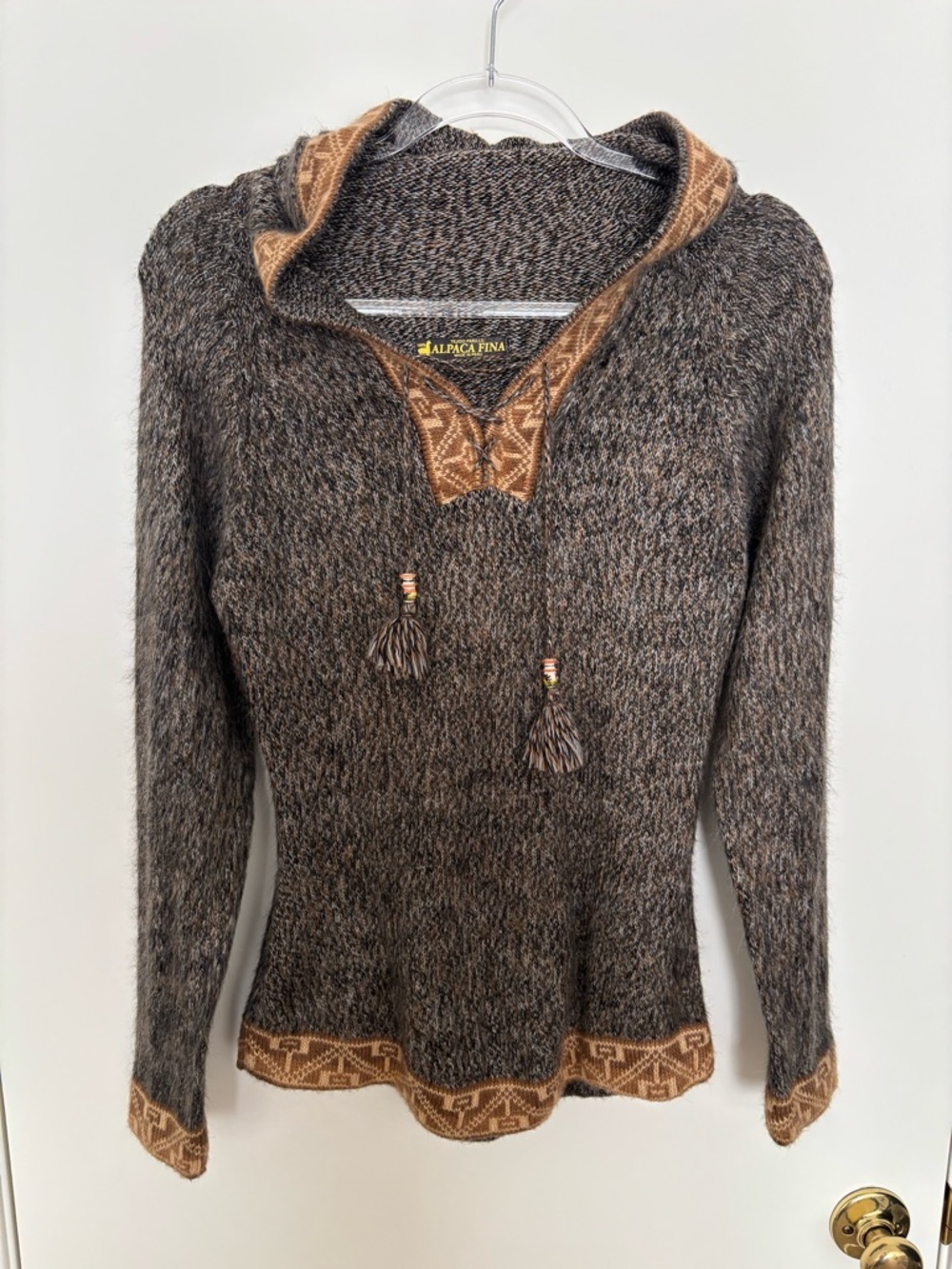 Alpaca Fina - Peru Brown Hooded V-Neck Sweater with Contrast Trim